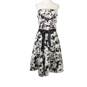 Vintage 90s Mariposa cream and black floral strapless midi party dress 10